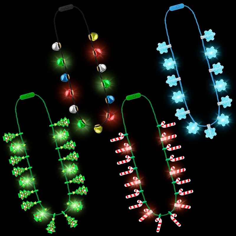 Traplace Store 4PCS Christmas Light Up Necklace, 3 Modes Xmas Accessories with Bell Tree Candy Cane Snowflake Designs, Vibrant Bulbs Festive Party Supplies, Christmas Necklace for Ugly Sweater Party Favors - Image 1